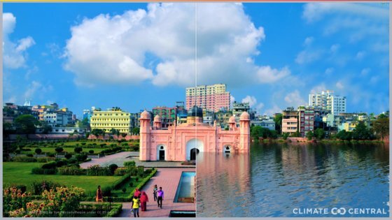 방글라데시 다카 랄바그 요새의 현재 모습(왼쪽)과 지구 평균온도가 3도 이상 상승할 경우 물에 잠긴 모습. [기후변화연구 단체 기후 중심]