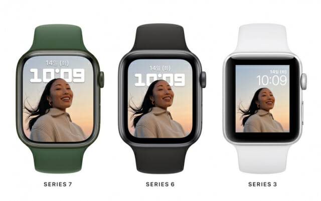 애플워치7 VS 애플워치6 VS 애플워치3 화면 사이즈비교 (사진=애플)