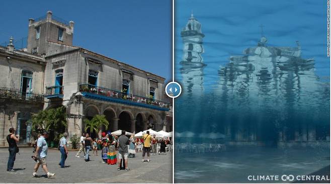 쿠바 아바나 대성당 광장의 현재 모습(왼쪽)과 지구 온도가 3도 올랐을 때의 모습(오른쪽). 클라이밋 센트럴 제공