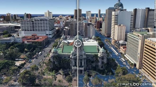 남아프리카공화국 더반시청의 현재 모습(왼쪽)과 지구 온도가 3도 올랐을 때의 모습(오른쪽). 클라이밋 센트럴 제공