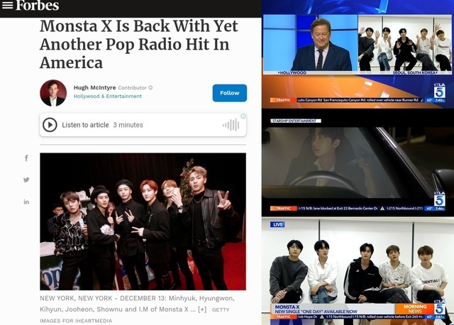 몬스타엑스가 싱글 'One Day'로 미국 빌보드 팝 에어플레이(POP AIRPLAY) 차트에 38위로 진입하는 쾌거를 이뤘다. 통산 3번째다. /美 포브스(Forbes) / 美 KTLA / 스타쉽엔터테인먼트