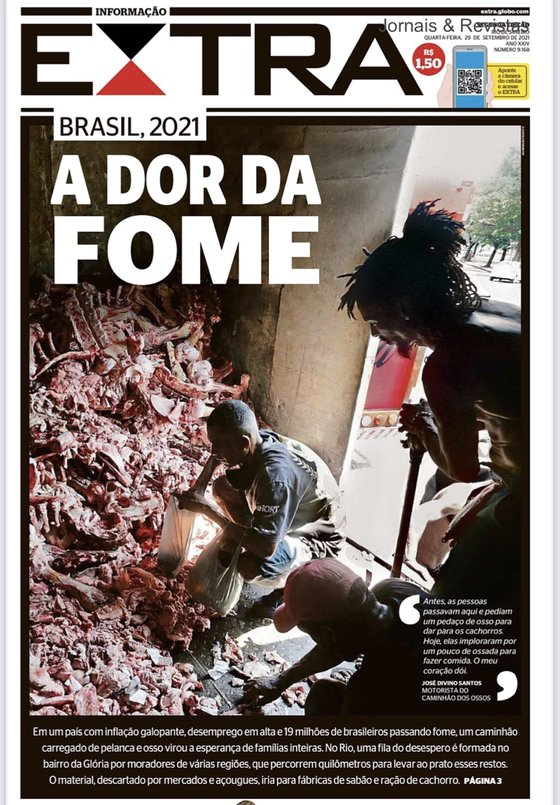 브라질 현지 매체 엑스트라 1면에 실린 사진. 제목은 '브라질 2021: 배고픔의 고통'이다. [트위터 캡처]