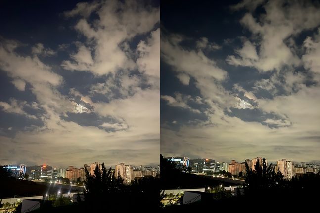 애플 스마트폰 ‘아이폰11’(왼쪽)과 ‘아이폰13’으로 촬영한 사진. 왼쪽 아래 가로등 조명 빛 번짐 현상이 개선된 것을 확인할 수 있다.ⓒ데일리안 김은경 기자