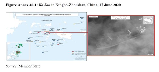 중국 해역에서 석탄을 환적한 것으로 의심되는 고산호. 왼쪽 그림에서 빨갛게 표시된 배들은 중국 선박이다. 안보리 대북 제재위원회 전문가 패널 보고서.