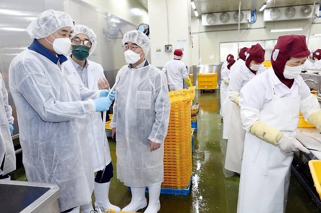 임준택 수협중앙회장(사진 가장 왼쪽)이 15일 감천항물류센터를 찾아 갈치 가공 현장을 둘러보고 있다.