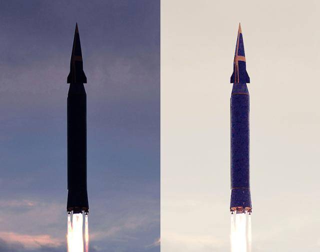 조선중앙통신이 보도한 화성-8형 시험발사 사진을 확대(왼쪽)한 뒤 밝게 처리해 보니 주황색 테두리가 드러났다. 평양=조선중앙통신 연합뉴스