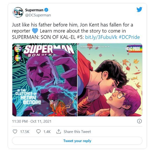 슈퍼맨의 양성애자 설정 소식을 알린 DC코믹스의 트위터. 트위터 캡처