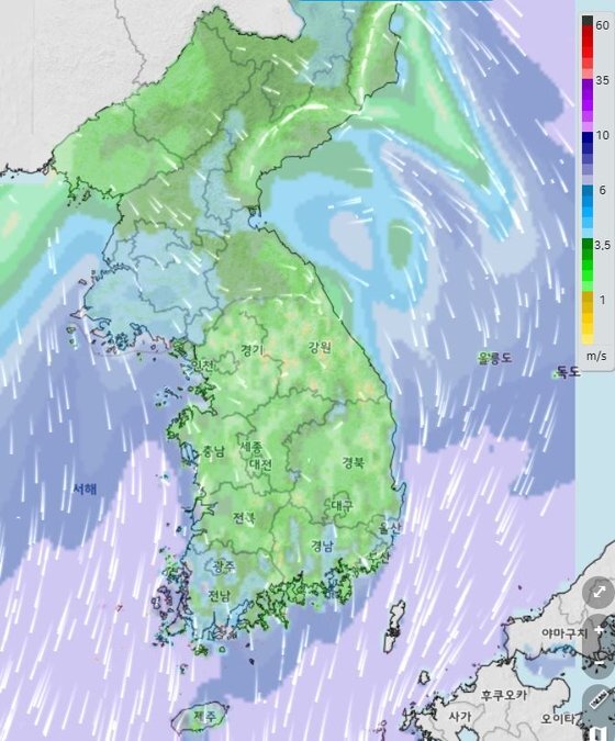 17일 오후 1시 기준 한반도 풍향 및 풍속을 보여주는 지도. 중국 만주쪽에서 한반도로 찬 바람이 불어오고 있다. 자료 기상청