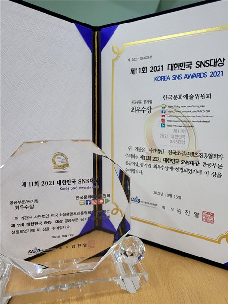 '2021 대한민국 SNS 대상'에서 공공부문 2년 연속 최우수상을 수상한 한국문화예술위원회.