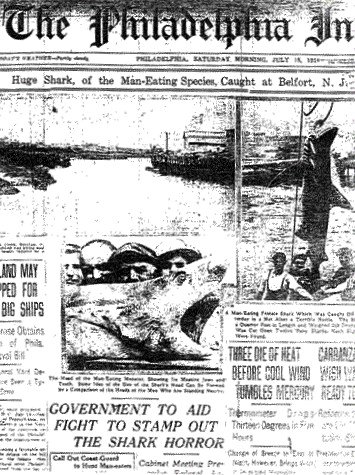 1916년 미국 뉴저지 해안에서 사람을 공격하는 '식인 상어'를 잡았다는 내용을 소개한 필라델피아 인콰이어러의 기사. 이 충격적인 사건이 같은 해 있던 미국 대선에까지 영향을 줬다는 분석도 나왔다. [위키피디아]