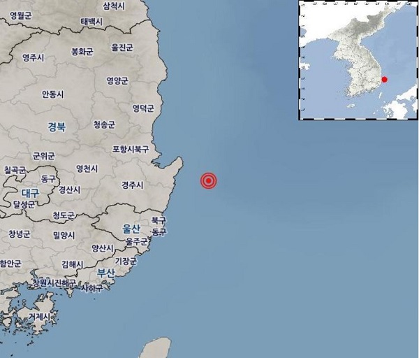 19일 오후 10시 13분께 포항시 남구 동남동쪽 37km 해역서 규모 2.2의 지진이 발생했다. /기상청 제공