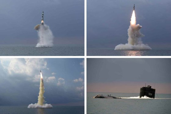 북한이 19일 함경남도 신포 인근에서 신형 잠수함발사탄도미사일을 발사하고 있다. [뉴스1]