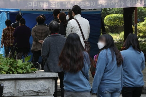 서울 영등포구 중마루공원에 마련된 찾아가는 선별진료소에서 전통시장 상인 등 시민들이 코로나19 검사를 위해 줄을 서고 있다. /사진=뉴스1
