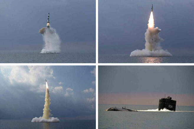 북한의 신형 SLBM이 함경남도 신포 동쪽 해상에서 수면 위로 발사되고 있다. 북한 노동신문 등은 19일 잠수함 ‘8·24 영웅함’에서 SLBM 시험발사를 한 사실을 20일 보도하면서 관련 사진을 공개했다. 노동신문·뉴스1