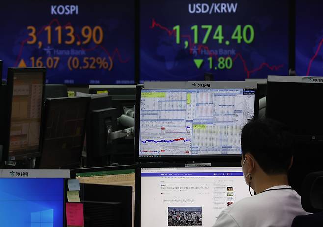 서울 명동 하나은행 본점 딜링룸 전광판에 실시간 코스피지수와 환율이 표시돼 있다. / 연합뉴스