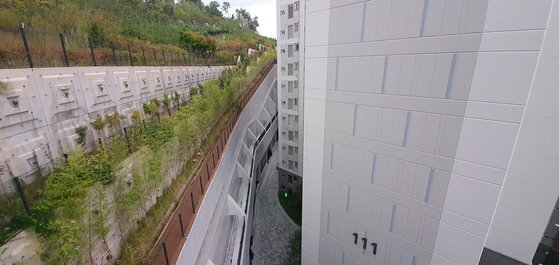 경기 성남시 백현동 구(舊)한국식품연구원 부지에 지어진 아파트의 옹벽. 함종선 기자