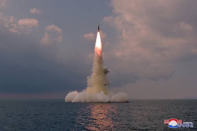 North Korea test-fires a new submarine-launched ballistic missile, Tuesday. (KCNA-Yonhap)
