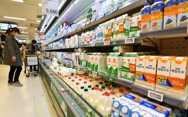 시내 한 대형마트 정육코너에서 고객들이 우유를  살펴보고 있다. 김병언 기자