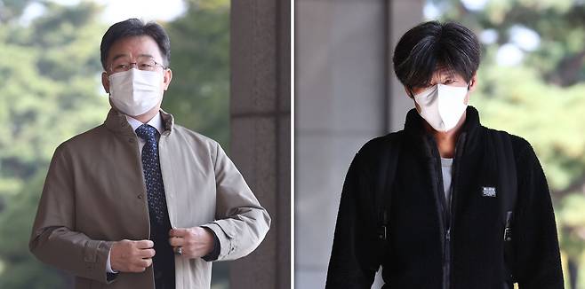 Kim Man-bae (L) and Nam Wook (R) arrive at the Seoul Central District Prosecutors‘ Office on Oct. 24 for questioning over the high-profile land development scandal. (Yonhap)