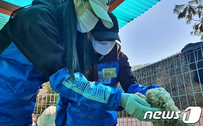 그룹 하이엘 멤버들은 24일 경기 용인시의 한 사설 동물보호소에서 봉사활동을 진행했다. © 뉴스1 최서윤 기자