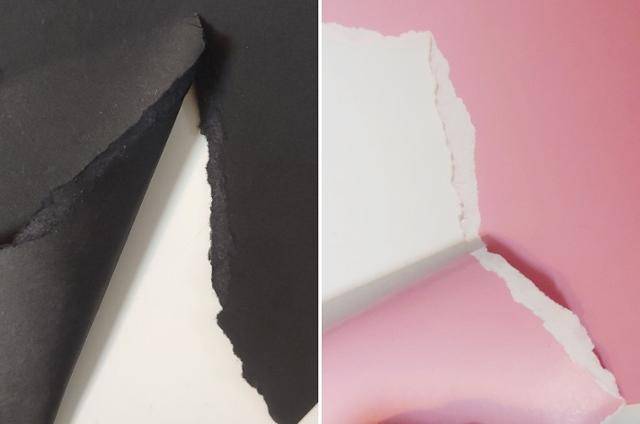 블랙핑크 '더 앨범'의 사진집엔 염색용지(왼쪽 사진)와 인쇄용지(오른쪽)가 섞여 쓰였다. 종이 전체를 염색해버린 염색용지는 찢어도 색이 그대로지만, 종이 외부에만 색상을 인쇄한 인쇄용지는 찢으면 하얀 결이 보인다. 염색용지는 재활용 공정에서 잉크를 제거하기 어려워서 상자와 함께 골판지로, 인쇄용지는 책자와 함께 신문지로 재활용된다. 그러나 현실적으로는 구분 없이 뒤섞여서 재활용품 품질을 낮추고 있다. 김현종 기자