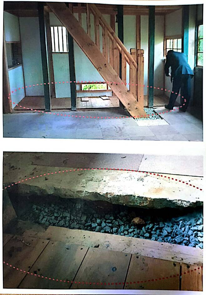 일제강점기 당시 일본인 농장주가 금괴를 매장해 은닉했다고 광복회가 추정하는 농장 건물 계단 지하(위)와 바닥면. /광복회 제공