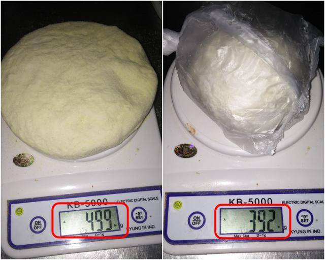 전 피자에땅 점주 김경무(61)씨가 피자에땅 구월점을 운영할 당시 본사로부터 지급받은 피자 도우. 본사 자체 제작 상품이었지만, 도우 중량이 전부 제각각이었다.