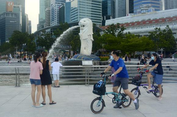 아시아에서는 가장 먼저 코로나 방역조치 완화를 발표하며 코로나와의 공존에 나선 싱가포르 시민들이 지난달 26일 마스크를 쓴 채 공원에서 자전거를 타며 주말을 즐기고 있다.싱가포르 AP 연합뉴스