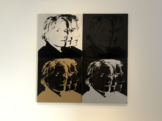 ″Self-Portrait (1978)″ by Warhol reveals three different angles of his face into a polyptych. [FONDATION LOUIS VUITTON & THE ANDY WARHOL FOUNDATION FOR VISUAL ARTS INC.]