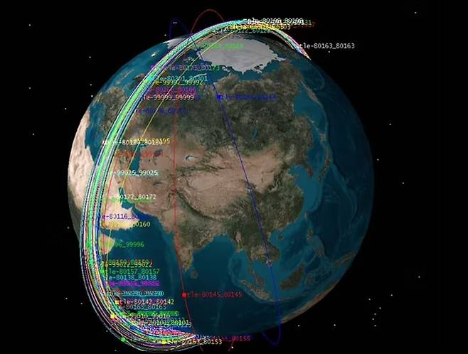 지난 15일 러시아가 위성 요격 실험을 통해 파괴한 위성의 파편(우주쓰레기)가 지구 궤도를 따라 이동하는 모습을 시뮬레이션 한 영상 캡쳐