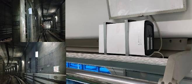 선로에 구축한 5G 28㎓ 기지국 백홀장비(왼쪽)와 객차 내 설치된 와이파이 공유기(AP) /사진=과학기술정보통신부