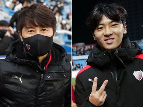 포항 김기동 감독(왼쪽)·김준호 부자(父子). 사진제공 | 한국프로축구연맹