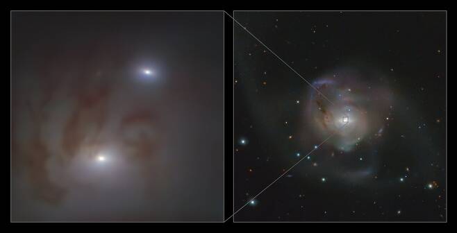 연구진은 지구로부터 약 8900만 광년 떨어진 물병자리 속 은하(NGC 7727)의 중심에서 블랙홀 쌍성을 발견했다고 밝혔다.(사진=ESO)