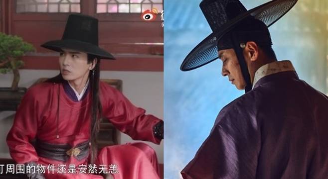 중국 드라마 '일편빙심재옥호' 속 갓을 쓰고 등장한 중국 배우(왼쪽), 넷플릭스 오리지널 '킹덤' 속 배우 주지훈 /사진=드라마 '일편빙심재옥호' 화면 갈무리, 넷플릭스 제공(오른쪽)