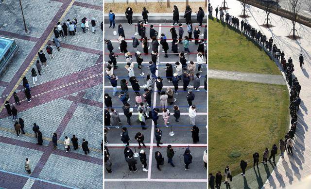 8일 서울 마포구 경의선 서강대역 인근 선별진료소에서 시민들이 검사를 받기 위해 'ㄷ'자 모양으로 줄을 서 있다(왼쪽). 같은 날 강남구보건소 선별진료소 앞 검사 대기줄이 'ㄹ'자 모양으로 꺾여 있다(가운데). 이날 서울광장 임시선별검사소를 찾은 시민들이 원 모양의 잔디를 따라 줄지어 대기하고 있다. 연합뉴스·뉴시스·뉴스1