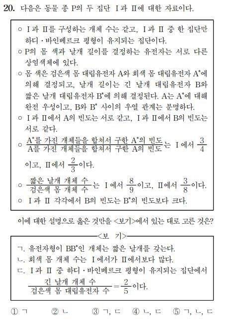 2022학년도 수능 과학탐구영역 생명과학Ⅱ 20번 문항.