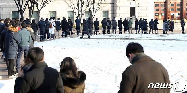 20일 오전 서울 중구 시청 앞에 마련된 신종 코로나 바이러스 감염증(코로나19) 서울광장 임시선별검사소에서 시민들이 검사를 받기 위해 줄지어 서 있다. 질병관리청 중앙방역대책본부는 이날 0시 기준 코로나19 신규 확진자가 5318명 발생했다고 밝혔다. 주말 진단검사 건수가 감소해 신규 확진자도 줄어드는 주말효과에 따라 14일 5567명 이후 엿새만에 5000명대의 확진자가 나왔다. 2021.12.20/뉴스1 © News1 김명섭 기자