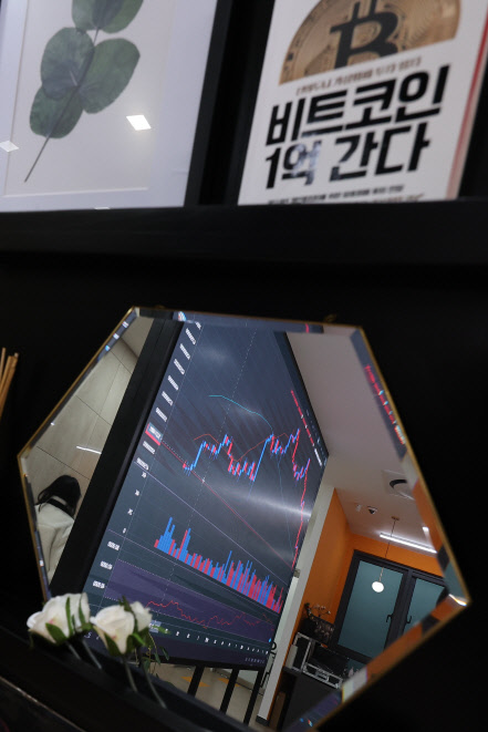 지난 10일 서울 빗썸 강남센터에서 가상화폐 실시간 거래가격 게시판이 거울에 비치고 있다. <연합뉴스>