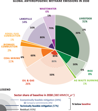 인류의 활동으로 배출되는 메탄은 연간 3억8000만 톤에 이른다. 이 가운데 40%가 농업 분야(가축사육(livestock), 벼농사(rice))에서 나오고 37%가 화석연료 생산 과정(원유 및 천연가스(oil & gas), 석탄 채굴(coal mining))에서 나온다. 최근 연구에 따르면 현재 기술로도 2030년까지 메탄 배출량을 57% 줄일 수 있다. 이 가운데 24%는 큰 비용이 들지 않고(economically feasible) 나머지 33%는 돈이 문제다(technically feasible). ‘환경연구레터스’ 제공