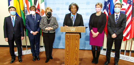 U.S. Ambassador to the UN Linda Thomas-Greenfield, center, issues a statement with ambassadors of five other countries condemning North Korea’s missile launch in New York Monday. [UNITED NATIONS WEB TV]