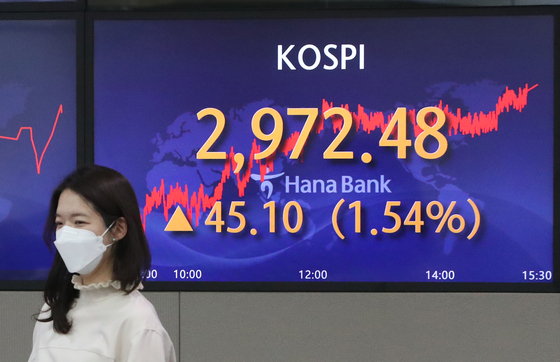 A screen in Hana Bank's trading room in central Seoul shows the Kospi closing at 2,972.48 points on Wednesday, up 45.10 points, or 1.54 percent, from the previous trading day. [NEWS1]