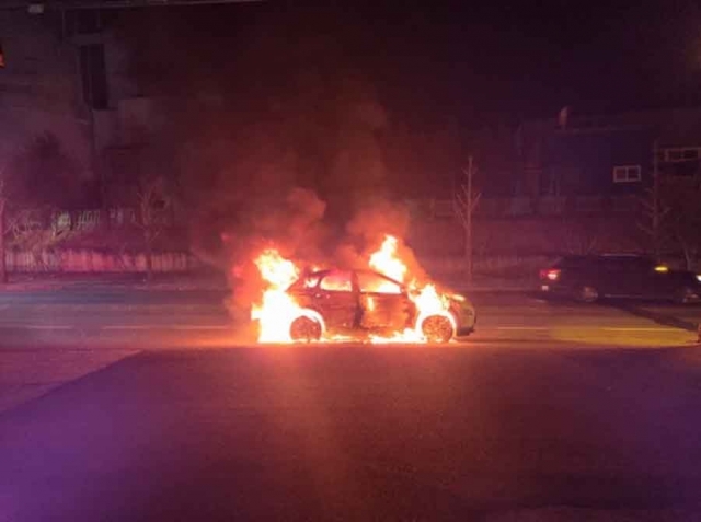 불에 타고 있는 코나 차량. 충남 태안소방서 제공