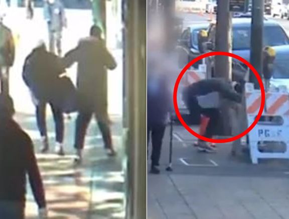 한 흑인 남성이 아시아계 노인을 밀치는 모습. 오른쪽은 목격자에게 제압당해 쓰러지는 남성의 모습. /트위터 @DionLimTV