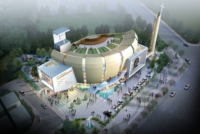 새로운 교회건축 문화를 세우기 위해 고민하고 실천하고 있는 지우종합건설이 시공한 교회 조감도. 평택제일감리교회. 지우종합건설 제공