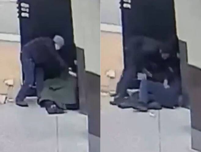 한국계 미국인 남성(회색 모자)이 흑인 노숙자에게 외투를 벗어주는 모습. 오른쪽은 노숙자가 남성을 쓰러뜨린 뒤 지갑을 빼앗는 장면이다. /트위터 @LidiaNews