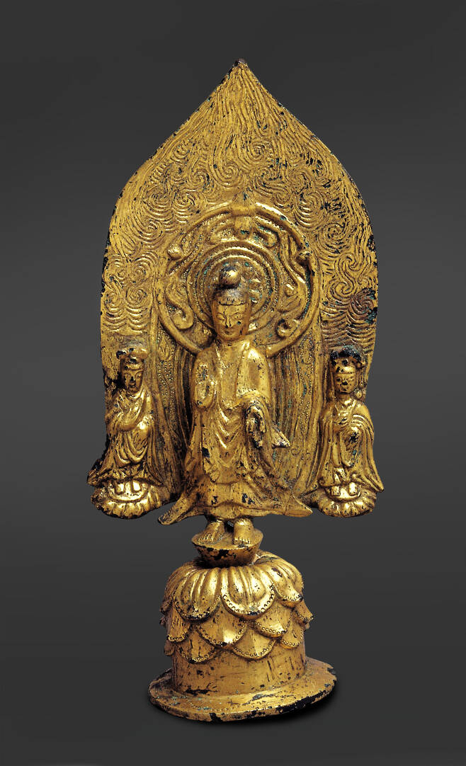 Gilt-bronze Standing Buddha Triad with Inscription of Gyemi Year (CHA)