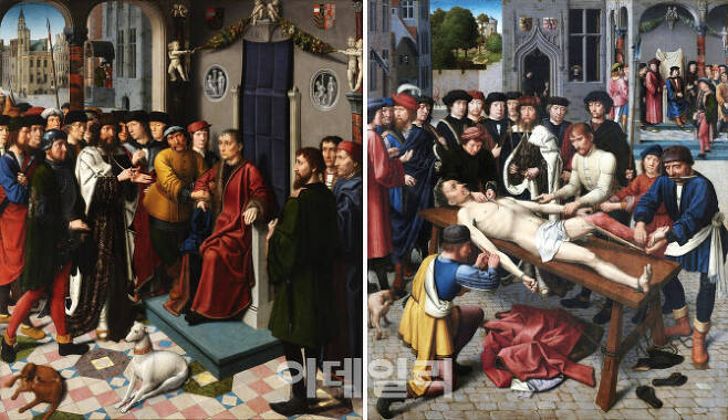 헤라르르 다비트가 1498년 그린 ‘캄비세스의 판결’. 15세기 네덜란드의 화가인 다비트는 조화로운 색채와 세밀한 사실표현을 특징으로 종교적인 주제의 그림을 다수 남겼다. 시간적으로 앞뒤에 있는 두 사건을 연결한 ‘이면화’ 형식인 작품은 기원전 페르시아의 재판관 뇌물사건을 다룬 걸작으로 꼽힌다. 뇌물을 받고 부정판결을 한 재판관이 체포되는 장면(왼쪽)과 그 재판관에 대해 잔혹한 형을 집행하는 장면(오른쪽)뿐만 아니라 배경과 증인들까지 실물에 근거해 사실적으로 묘사했다. 패널에 유채, 182.3×318.6㎝, 벨기에 브뤼헤 그로닝엔미술관 소장.