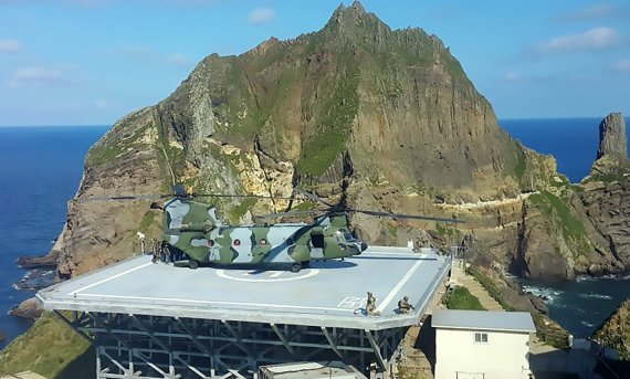 해군이 동해 영토수호훈련을 시작한 25일 오전 대형수송헬기치누크(CH-47)로 독도에 상륙한 대한민국 해군 특수부대원들과 해병대원들이 사주경계를 하고 있다. 독도방어훈련은 26일까지 실시된다. 2019.8.25/뉴스1 /사진=뉴스1