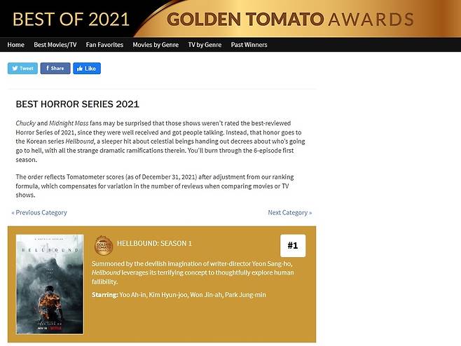 넷플릭스 '지옥' 로튼토마토 선정 '2021 베스트 호러 시리즈' 1위 [로튼토마토 홈페이지 캡처. 재판매 및 DB 금지]