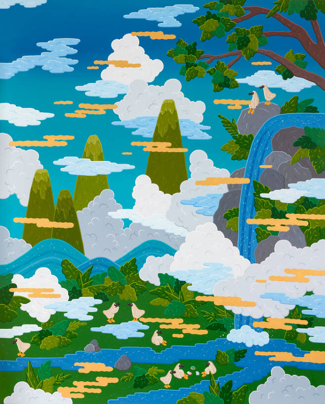 Paradise of Dodo, 162x520cm(162x130cm 4pcs), gouache on canvas, 2022